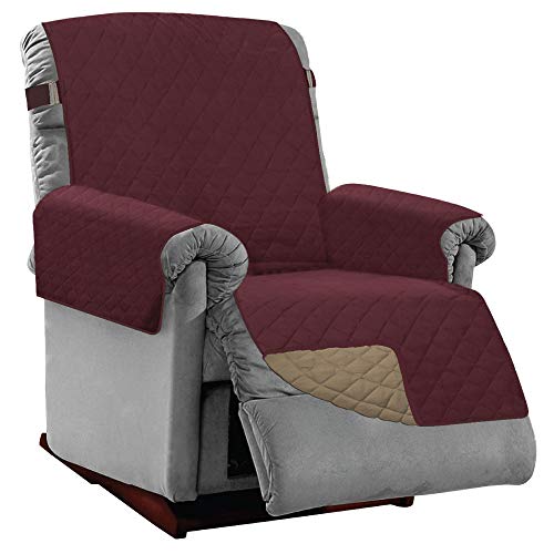 Sofa Shield Recliner Slip Cover with Patented Strap, Cushion Protector, US Designed Reversible Stain and Dog Tear Resistant Slipcover, 28 inch Seat, Washable Covers for Dogs Pets, Burgundy Tan - Image 1