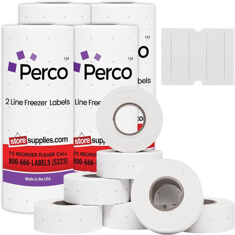 Perco 2 Line Freezer Adhesive Labels - 32 Rolls, 4 Sleeves, 24,000 Blank Price and Date Gun Labels for 2 Line Price and Date Guns - Made in USA - Image 1