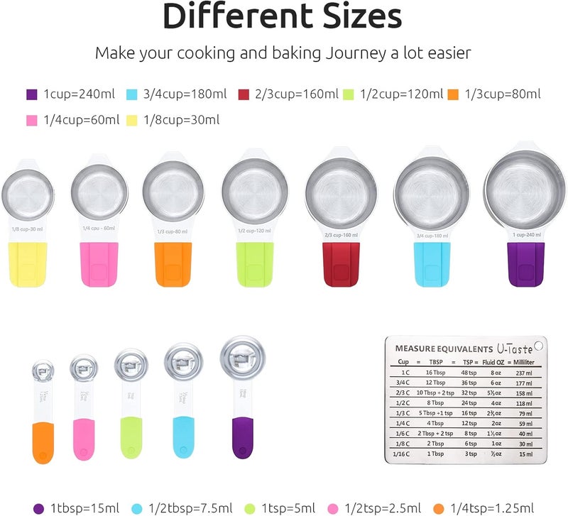 U-Taste Magnetic Measuring Cups Set: 18/8 Stainless Steel Nesting Measure Cup and Spoon 13 Piece: 7 Measuring Cups & 5 Measuring Spoons & 1 Professional Measurement Conversion Chart (Multicolor) - Image 2