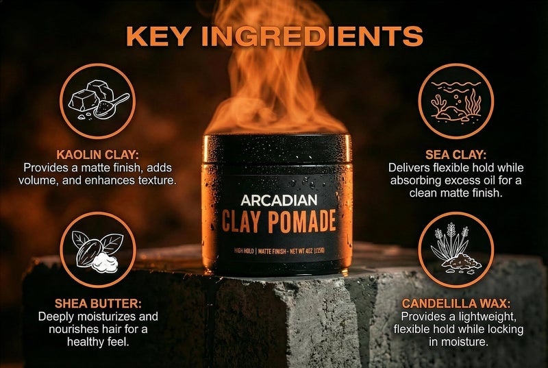 Arcadian Grooming Clay Pomade for Men – Vegan Matte Finish, Strong High Hold, 4oz - Image 3
