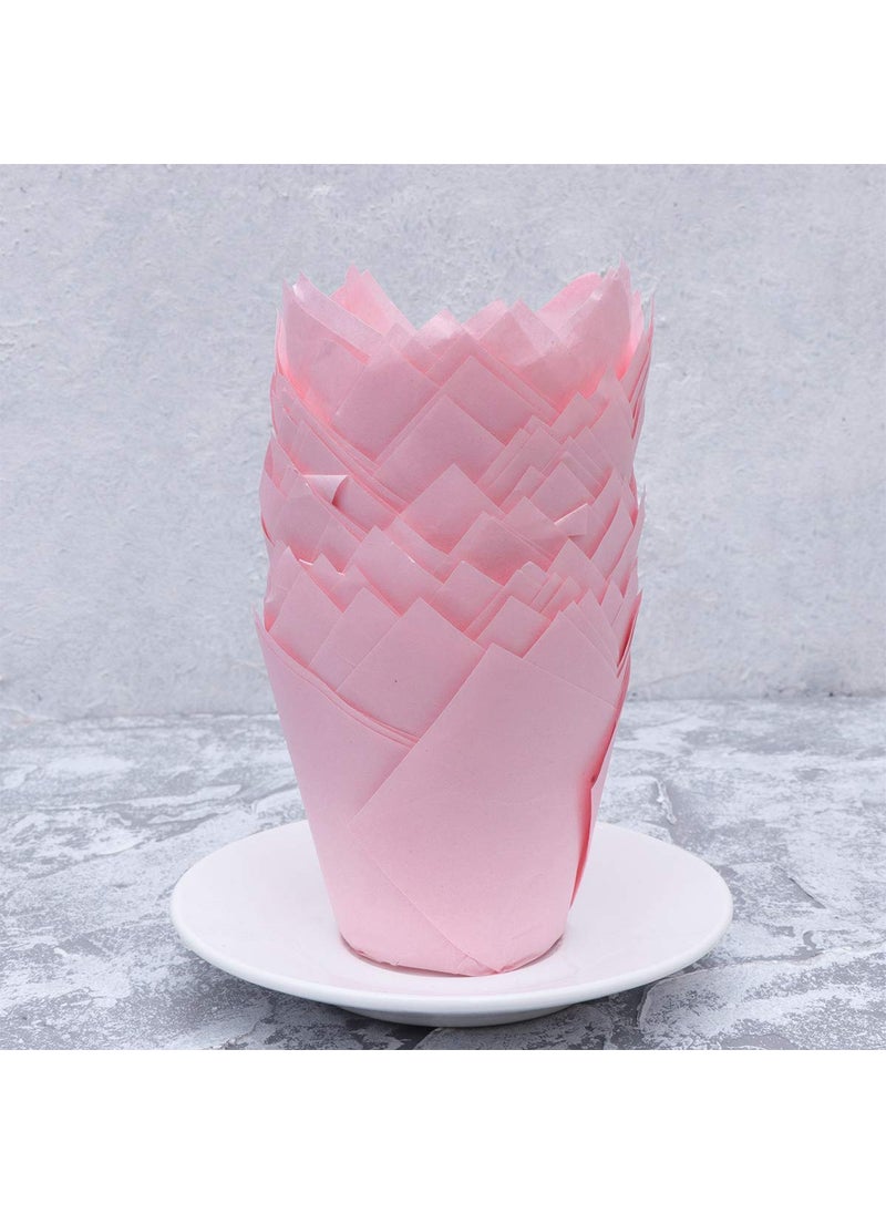 APOLLINE INDIA APOLLINE INDIA 50pcs Tulip Flower Shape Muffin Baking Cupcake Liner Pink Standard Colour Medium Size Paper Cupcake Wrappers Dessert Cake Liners for Festivals Christmas Diwali Parties  - Image 4