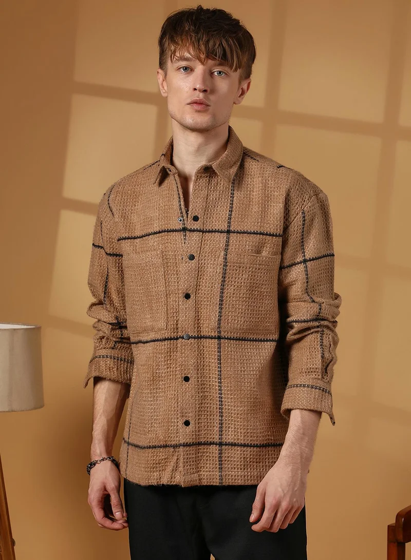 Campus Sutra Men's Ash Brown Graph-Check Waffle Overshirt