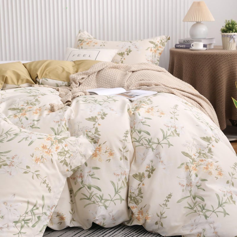 OAITE Duvet Cover Set King Size Floral Pattern 600 Thread Count Ultra Soft 100% Long Staple Cotton Duvet Cover Sets 3-PC  Breathable Duvet Cover with Zipper Closure & Corner Ties - Image 5