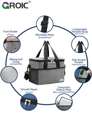 22L Portable Picnic Basket, Grey Insulated Cooler Bag, Large Capacity Lunch Bag Waterproof Lunch Bag for Office Work School Picnic Beach Gym combination Grey 33x25x27cm - view 5
