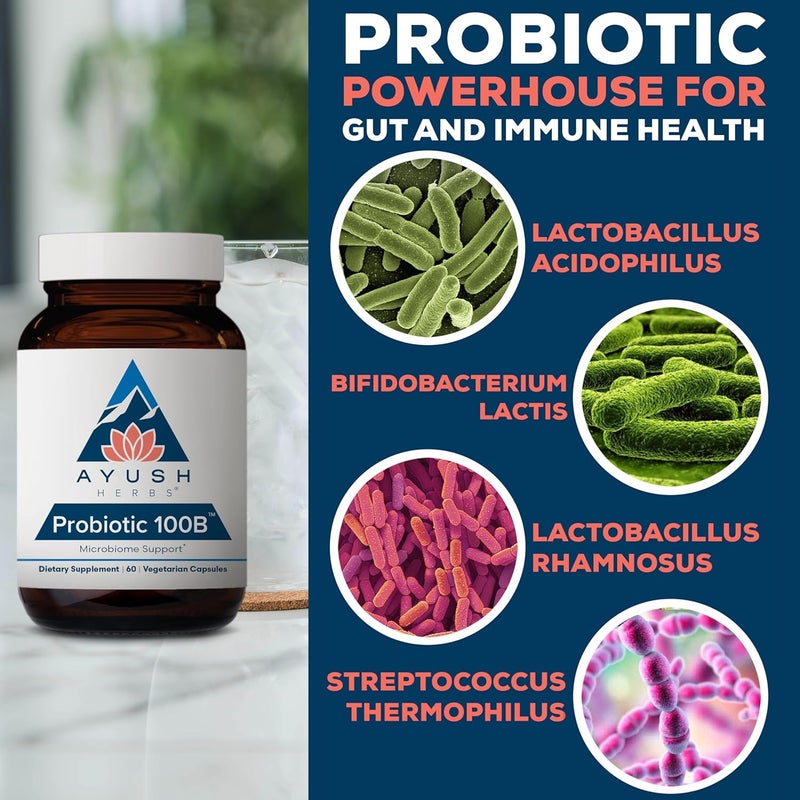 Ayush Herbs Probiotic 100B  Probiotics for Women Probiotics for Men Prebiotics and Probiotics for Digestive Health Gas Relief Gut Microbiome Balance  60 Vegetarian Capsules 1 Count - Image 4