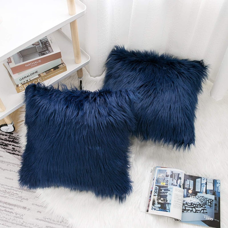 WLNUI Multi option design Decorative Navy Blue Fluffy Pillow Covers New Luxury Series Merino Style Faux Fur Throw Pillow Covers Fuzzy Cushion Cover 18x18 Inches 45x45 cm Globally popular universal design - Image 4