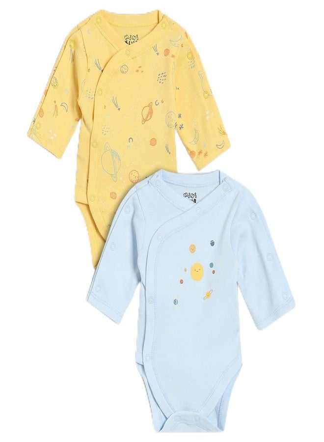 miniklub Baby Boys Front Open Full Sleeves Knitted Cotton Body Suit, Pack of 2, Yellow/Blue (EB) - Image 1