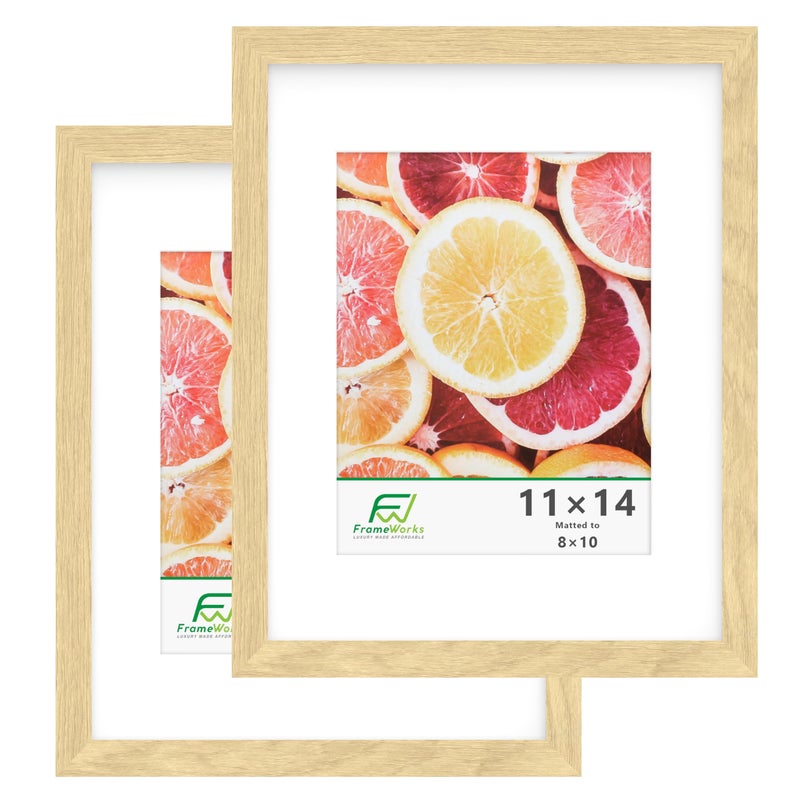 FrameWorks 2Pack 11x14 Matted to 8x10 Picture Frame Natural Oak  Classic Wooden Photo Frame with Tempered Glass Modern Matte Finish for Prints Posters Certificates  Wall Decor  GalleryReady