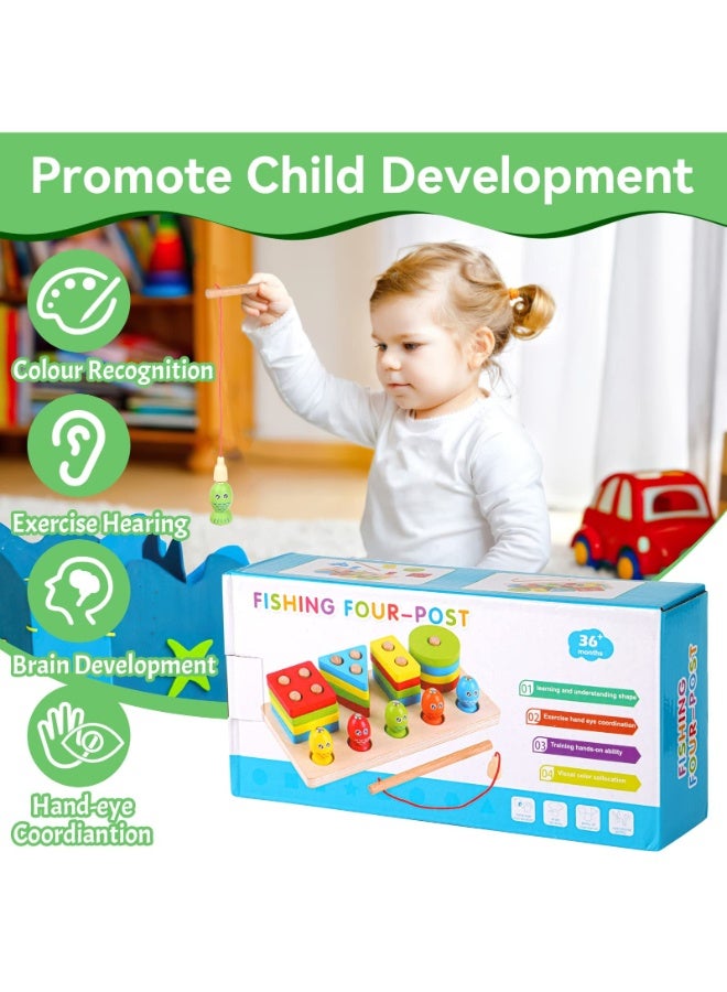 حديقة الألعاب لعبة صيد مغناطيسية 2 في 1 مع فارز أشكال لعبة خشبية تعليمية للأطفال الصغار طقم لعب تعلم إبداعي للأولاد والبنات تطوير المهارات الحركية الدقيقة عالية الجودة هدية عيد ميلاد مذهلة ومفيدة للأطفال - Image 2