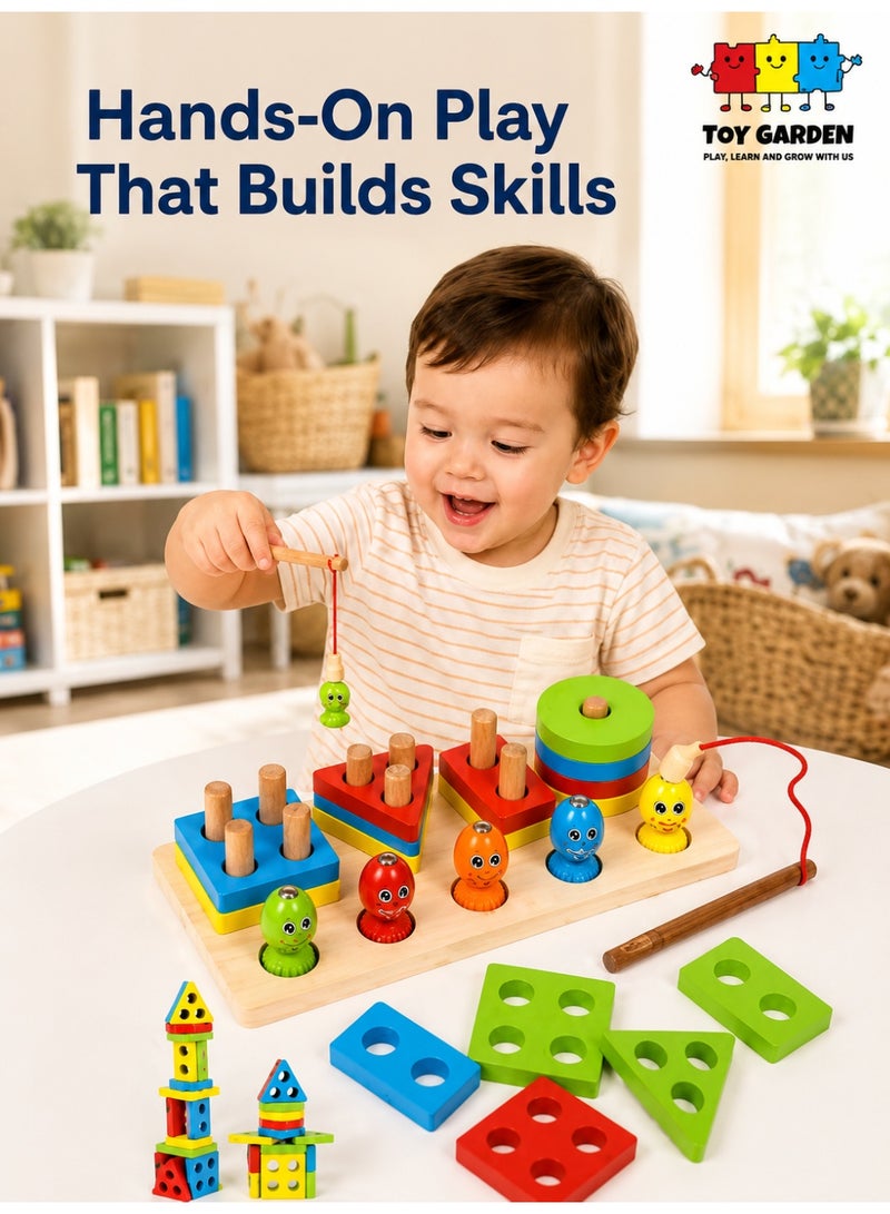 TOY GARDEN 2-in-1 Magnetic Fishing Game with Shape Sorter Educational Wooden Toy for Toddlers Creative Learning Playset for Boys and Girls High Quality Fine Motor Skills Development Birthday Gift for Kids - Image 1