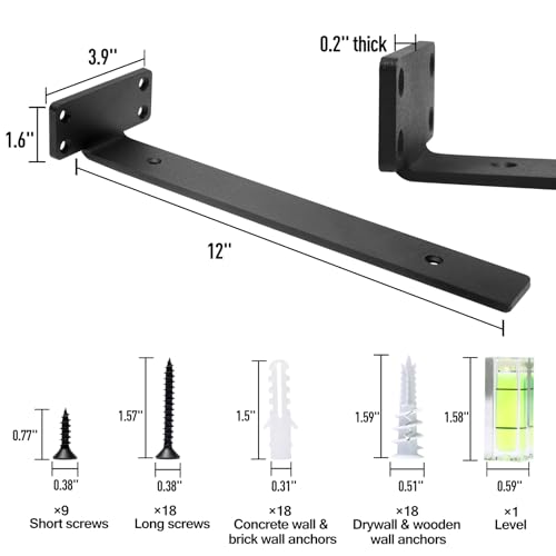 HITOMEN Heavy Duty Floating Shelf Brackets, 12-Inch (1/5'' Thick) Hidden Shelves Hardware, Iron L Brackets, Rustic Industrial Black Metal Wall Shelving Supports, 4 Pack - Image 3