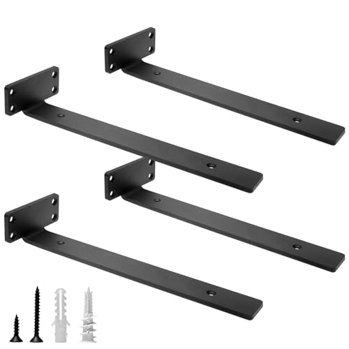 HITOMEN Heavy Duty Floating Shelf Brackets, 12-Inch (1/5'' Thick) Hidden Shelves Hardware, Iron L Brackets, Rustic Industrial Black Metal Wall Shelving Supports, 4 Pack - Image 1