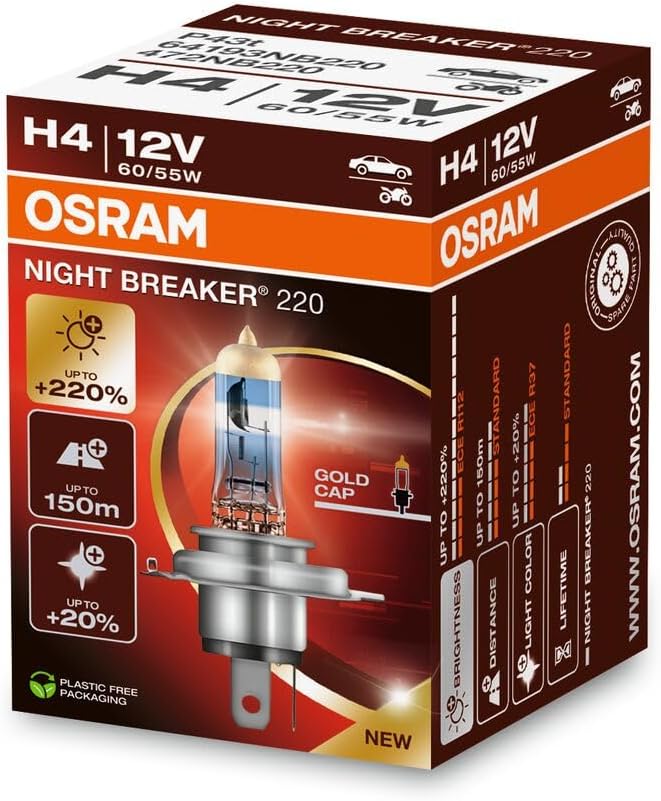 أوسرام مصباح Night Breaker 220، نوع H4، سطوع أعلى بنسبة 220%، لمبة هالوجين أمامية، 64193NB220، صندوق قابل للطي (مصباح واحد) - Image 1