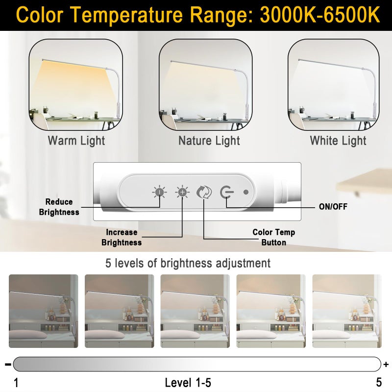 CGBE Nail Light for Desk: 360Â° Adjustable Nail Lamp for Desk with 3 Color Modes 5 Brightness, 23.6-Inch Led Desk Lamp for Salon Manicurist Tattoo Crafts Sewing Work Reading Game - Image 3