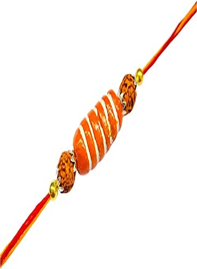 KRISHNA Rakhi Fancy Orange Color Clay Ovel Shape Beads with Original 5 Mukhi Rudraksha Rakhi with Environment Friendly for Rakshabandhan for Men and Boys - Image 3