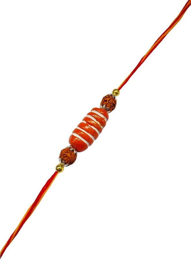 KRISHNA Rakhi Fancy Orange Color Clay Ovel Shape Beads with Original 5 Mukhi Rudraksha Rakhi with Environment Friendly for Rakshabandhan for Men and Boys - Image 1