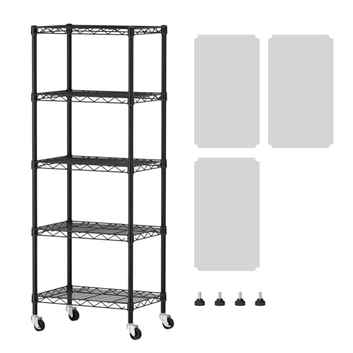 SINGAYE 5 Small Shelf Storage Wire Shelves Closet Bathroom Organizers Metal Pantry Kitchen Garage Shelving Unit Laundry Room Organization Home Narrow Rack Net Basket with Wheels Black - Image 1