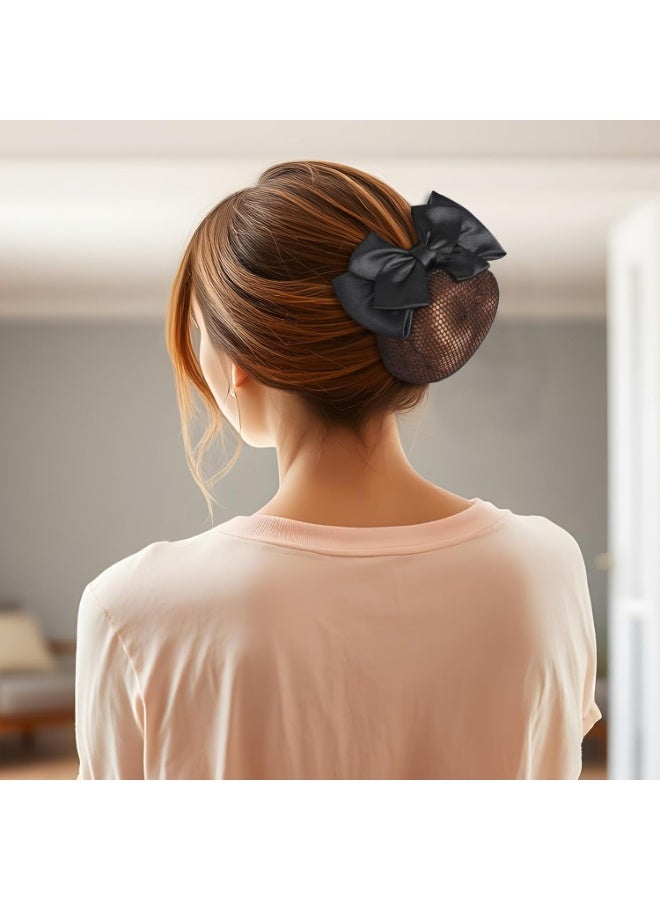 قطعتان من شبكة شعر سنود، غطاء كعكة شعر للنساء، شبكة شعر من الساتان، مشبك شعر فرنسي، شريط، زهرة، إكسسوارات شعر للنساء المضيفات والبنوك والفنادق وموظفات المطاعم (أسود) - Image 2