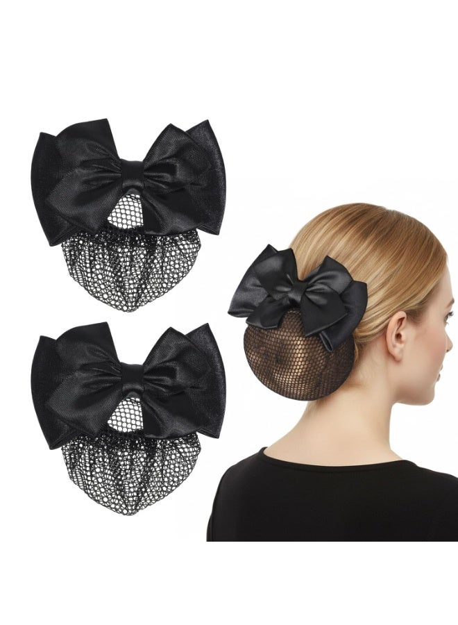 قطعتان من شبكة شعر سنود، غطاء كعكة شعر للنساء، شبكة شعر من الساتان، مشبك شعر فرنسي، شريط، زهرة، إكسسوارات شعر للنساء المضيفات والبنوك والفنادق وموظفات المطاعم (أسود) - Image 1
