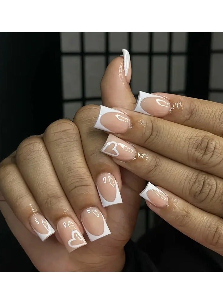ORiTi 24 قطعة أظافر مزيفة بأسلوب مينيماليستي، أظافر فرنسية بيضاء مزينة بقلب لطيف، أظافر مربعة متوسطة لامعة للنساء والفتيات للاستخدام اليومي - Image 1