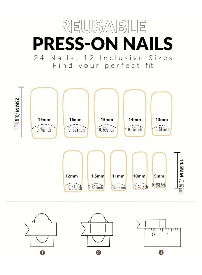 ORiTi 24 قطعة أظافر مزيفة بأسلوب مينيماليستي، أظافر فرنسية بيضاء مزينة بقلب لطيف، أظافر مربعة متوسطة لامعة للنساء والفتيات للاستخدام اليومي - Image 3