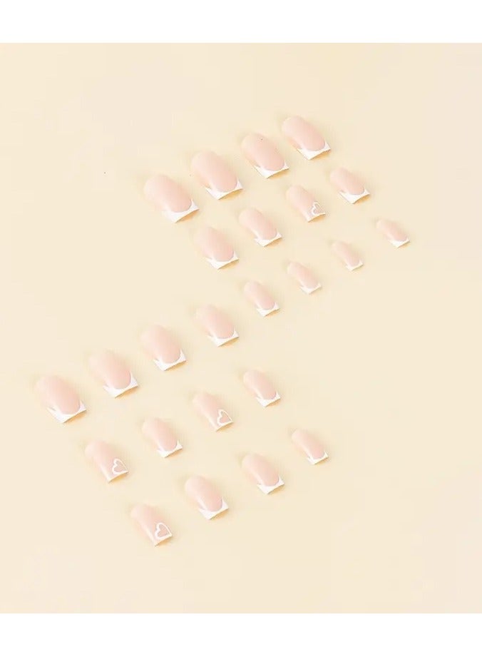 ORiTi 24 قطعة أظافر مزيفة بأسلوب مينيماليستي، أظافر فرنسية بيضاء مزينة بقلب لطيف، أظافر مربعة متوسطة لامعة للنساء والفتيات للاستخدام اليومي - Image 4