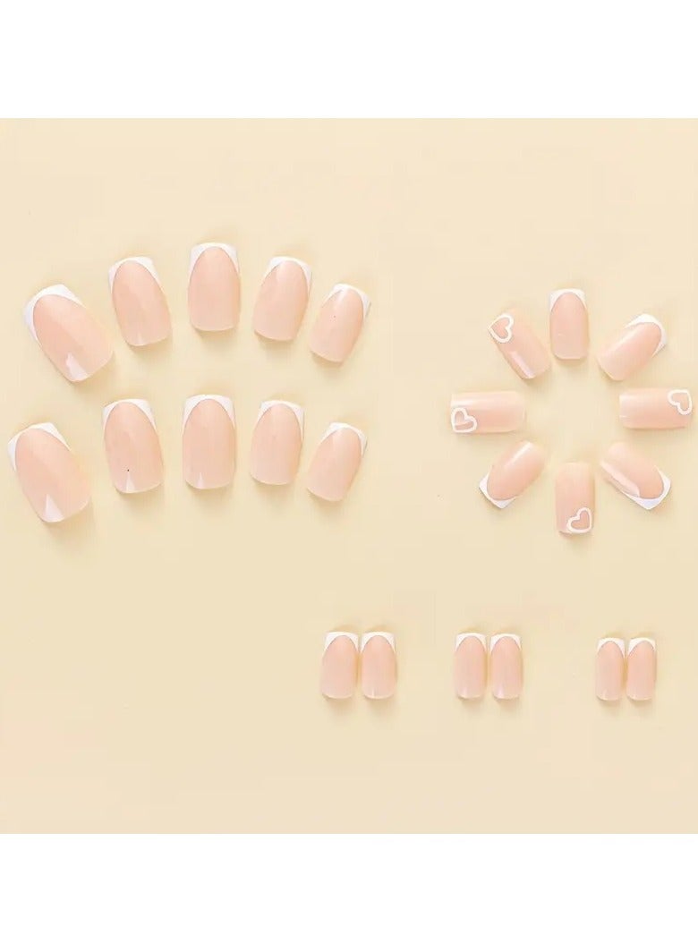 ORiTi 24 قطعة أظافر مزيفة بأسلوب مينيماليستي، أظافر فرنسية بيضاء مزينة بقلب لطيف، أظافر مربعة متوسطة لامعة للنساء والفتيات للاستخدام اليومي - Image 5