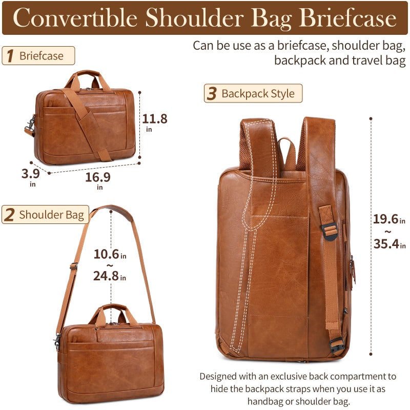 Stuery Faux Leather Messenger Bag for Men | 17-17.3 Inch Leather Mens Laptop Bag Leather Briefcasen Convertible Backpack 3 in 1 Computer Handbags Work Bag Shoulder Crossbody Bag Office | Vintage Brown - Image 3