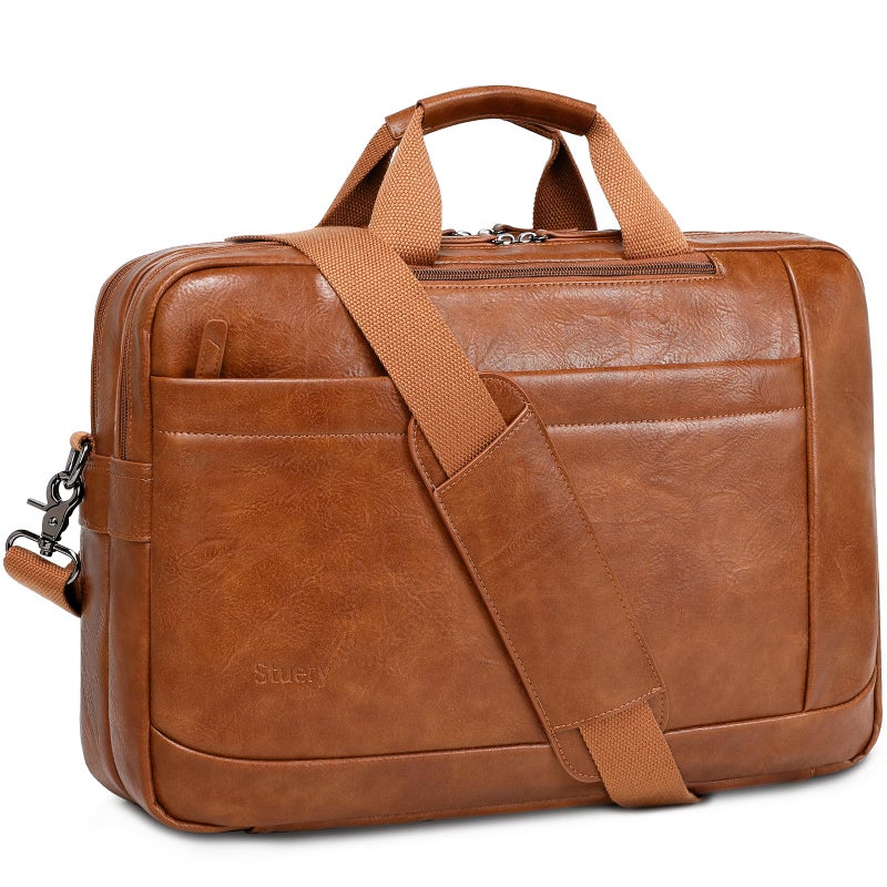 Stuery Faux Leather Messenger Bag for Men | 17-17.3 Inch Leather Mens Laptop Bag Leather Briefcasen Convertible Backpack 3 in 1 Computer Handbags Work Bag Shoulder Crossbody Bag Office | Vintage Brown - Image 1