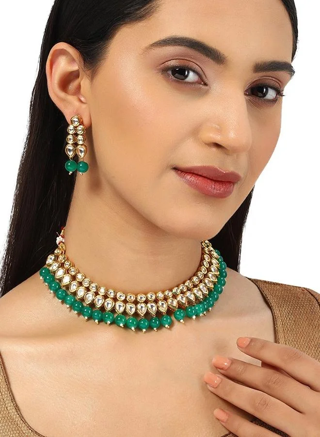 VOYLLA Kundan Elegance Teardrop Stones with Green Beads Jewellery Set