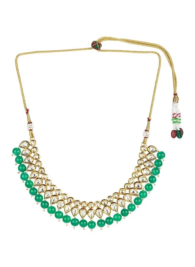 VOYLLA Kundan Elegance Teardrop Stones with Green Beads Jewellery Set