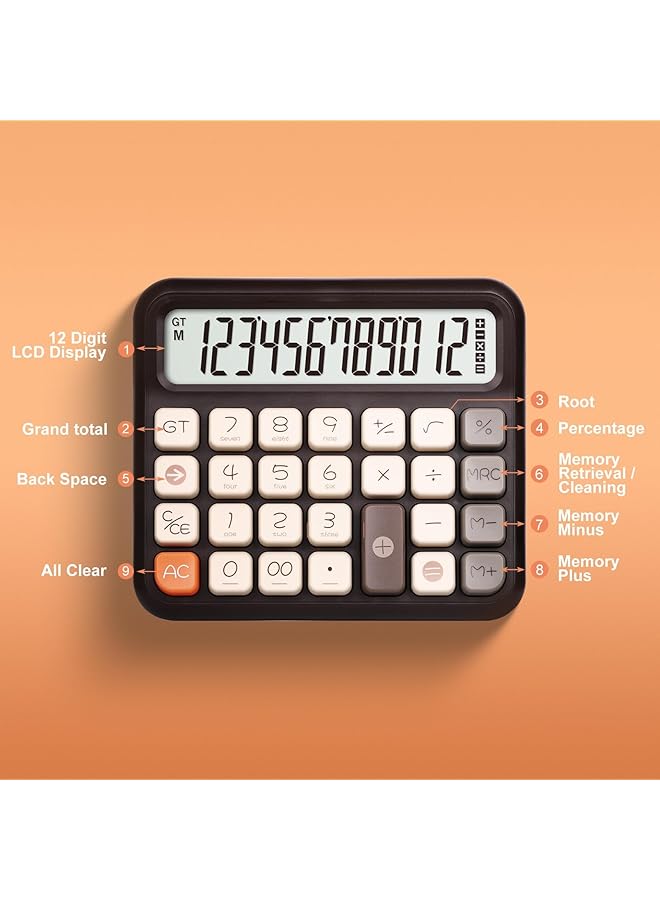 إيروريكس آلة حاسبة ميكانيكية أساسية قديمة، 12 رقمًا، شاشة LCD كبيرة للحياة اليومية والعمل المكتبي الأساسي والمدرسة والاستخدام المنزلي، لون بني - Image 2