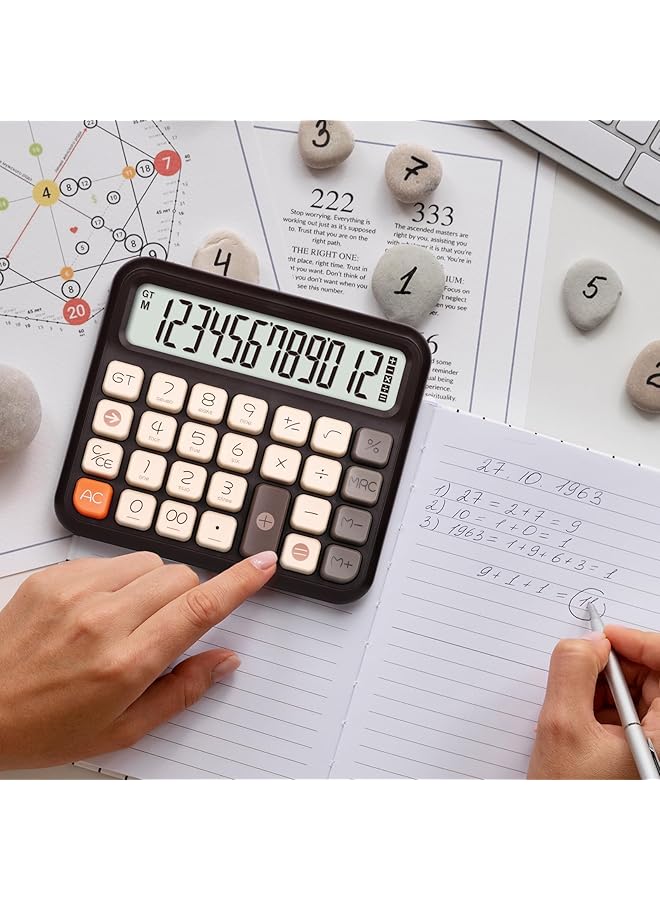 إيروريكس آلة حاسبة ميكانيكية أساسية قديمة، 12 رقمًا، شاشة LCD كبيرة للحياة اليومية والعمل المكتبي الأساسي والمدرسة والاستخدام المنزلي، لون بني - Image 3