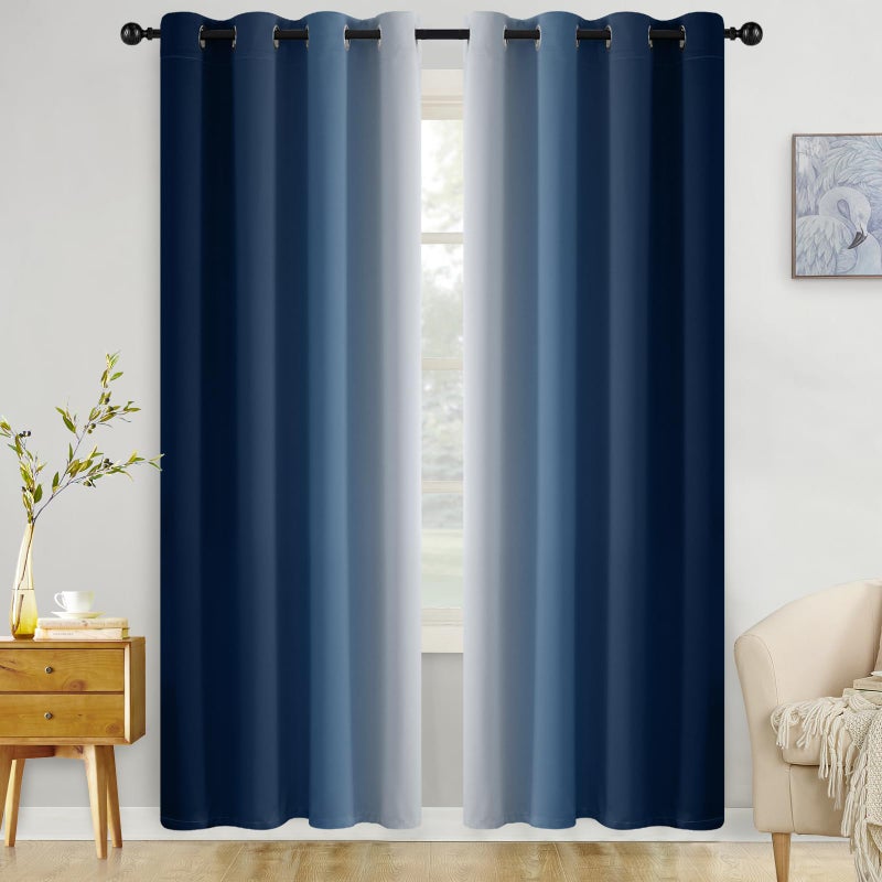 COSVIYA Blackout Curtains & Drapes Ombre Navy Curtains 90 inches Long 2 Panels  Room Darkening Light Blocking Grommet Gradient Insulated Thermal Window Curtains for Bedroom/Living Room 52x90 inches - Image 1