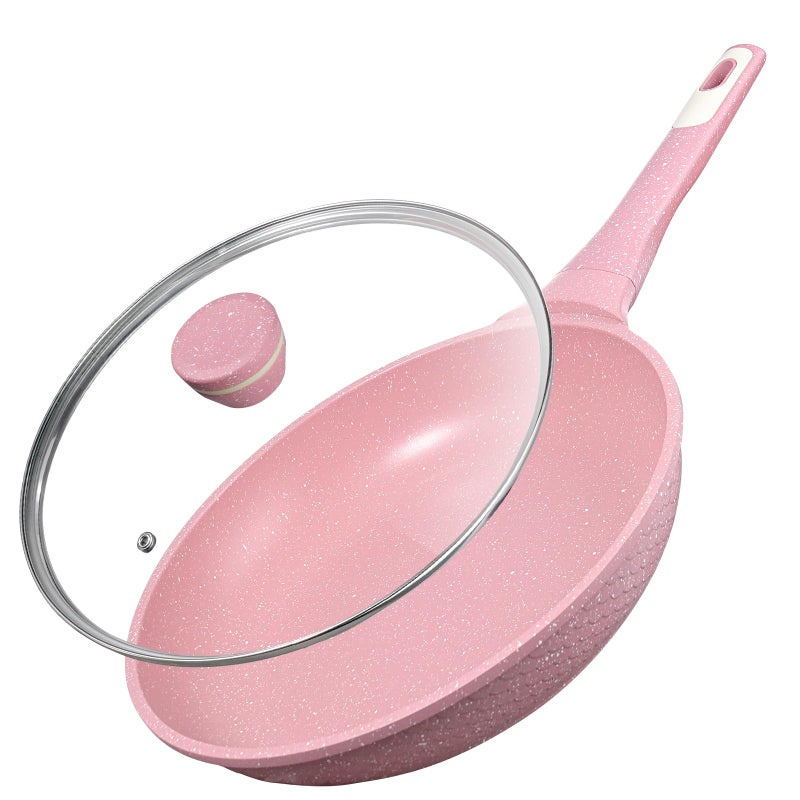 Xuanying 8 Inch Non Stick Frying Pans with Lid - 100% PFOA PFAS Free, Super Nonstick, All Stovetop Compatible Induction Gas Electric, Omelette & Egg Pan, Dishwasher Safe, Eco-Friendly Pink Pan - Image 1