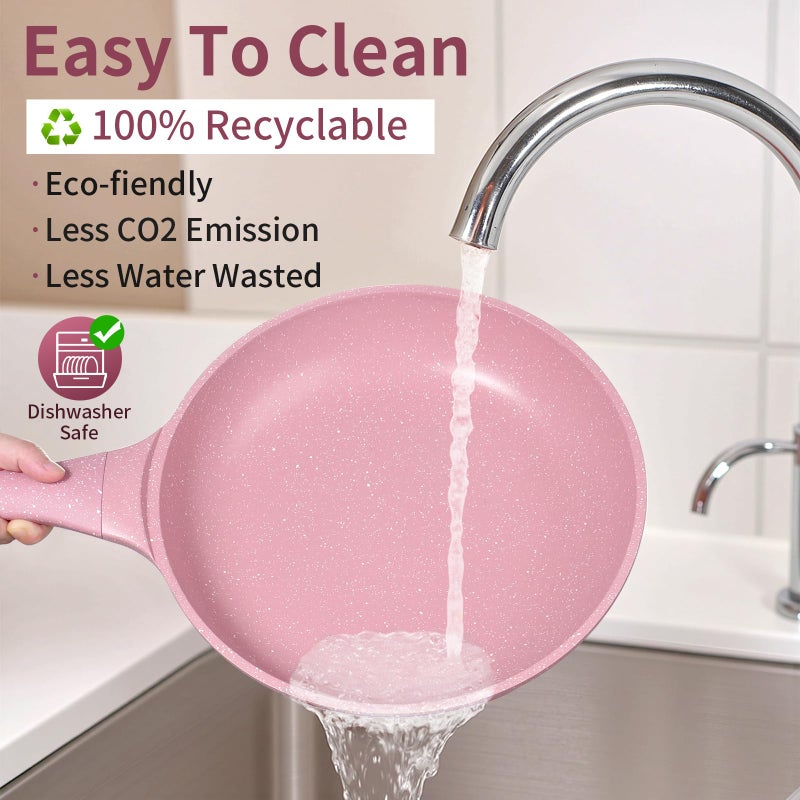 Xuanying 8 Inch Non Stick Frying Pans with Lid - 100% PFOA PFAS Free, Super Nonstick, All Stovetop Compatible Induction Gas Electric, Omelette & Egg Pan, Dishwasher Safe, Eco-Friendly Pink Pan - Image 4