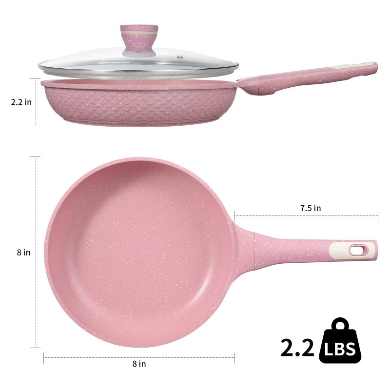 Xuanying 8 Inch Non Stick Frying Pans with Lid - 100% PFOA PFAS Free, Super Nonstick, All Stovetop Compatible Induction Gas Electric, Omelette & Egg Pan, Dishwasher Safe, Eco-Friendly Pink Pan - Image 2