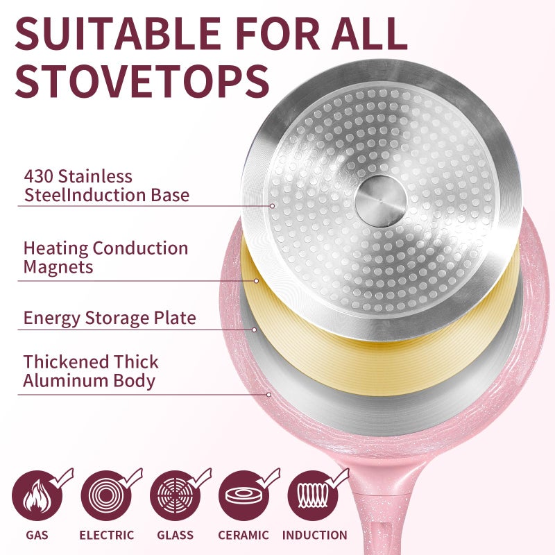 Xuanying 8 Inch Non Stick Frying Pans with Lid - 100% PFOA PFAS Free, Super Nonstick, All Stovetop Compatible Induction Gas Electric, Omelette & Egg Pan, Dishwasher Safe, Eco-Friendly Pink Pan - Image 3