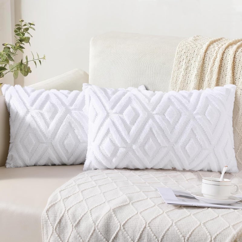 Pallene Soft Faux Fur Throw Pillow Covers 12x20 Set of 2  Plush Wool Decorative Lumbar Couch Pillow Covers for Sofa Bed Living Room  with 3D Diamond Pattern  Pure White