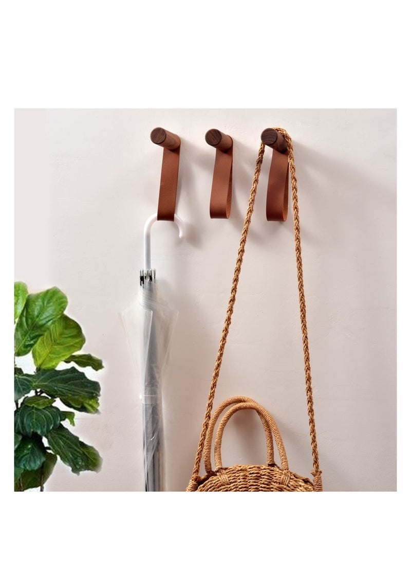 Pack Wooden Coat Hooks, Black Walnut,Entryway Wall Hangers, Wall Pegs Wall Mounted Vintage Single Hangers with PU Leather Wall Straps for Hanging Coats Hats Bags Towels(16cm*8.6cm *3cm) - Image 4