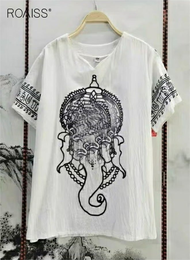roaiss Summer Men's Vintage T-shirt Ethnic Style Printed Top Street Fashion O-Neck Short Sleeve Leisure Holiday Top Plus Size Clothing - Image 3