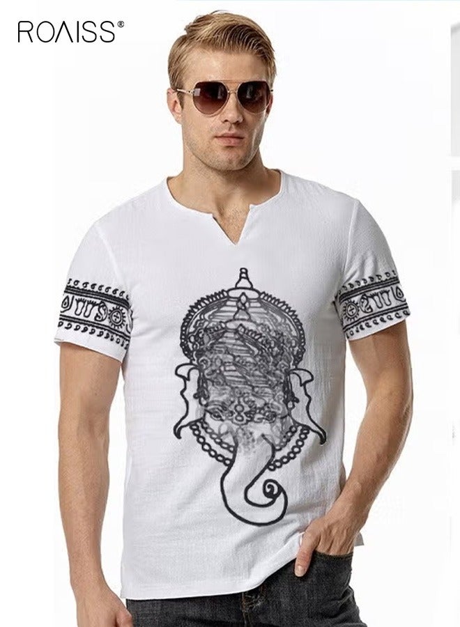 roaiss Summer Men's Vintage T-shirt Ethnic Style Printed Top Street Fashion O-Neck Short Sleeve Leisure Holiday Top Plus Size Clothing - Image 1