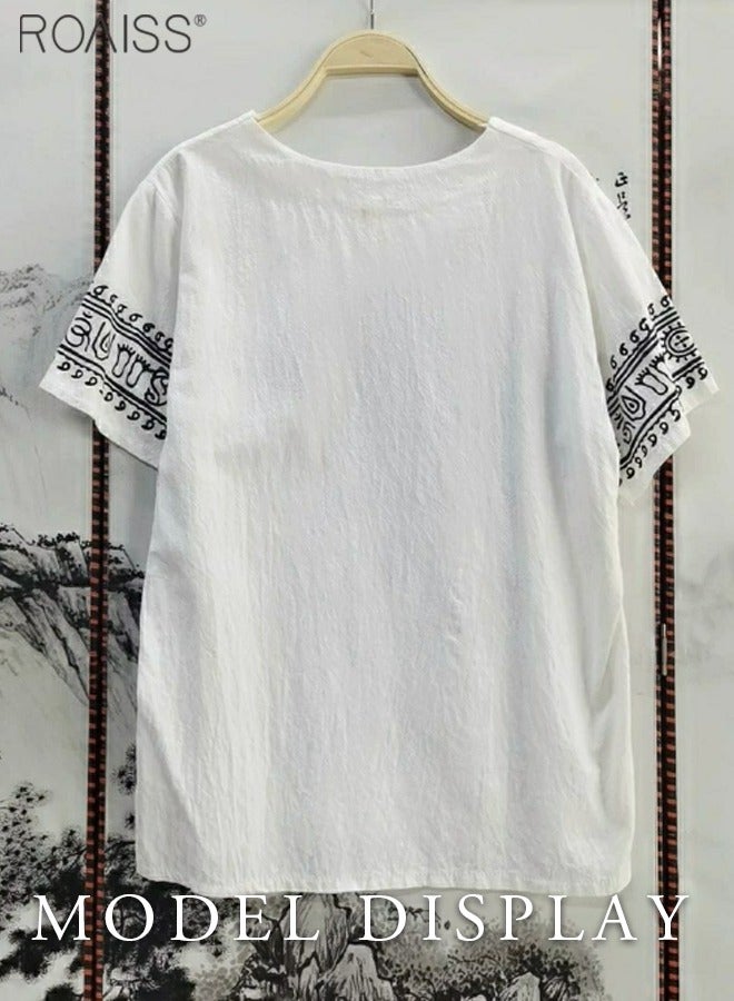 roaiss Summer Men's Vintage T-shirt Ethnic Style Printed Top Street Fashion O-Neck Short Sleeve Leisure Holiday Top Plus Size Clothing - Image 4