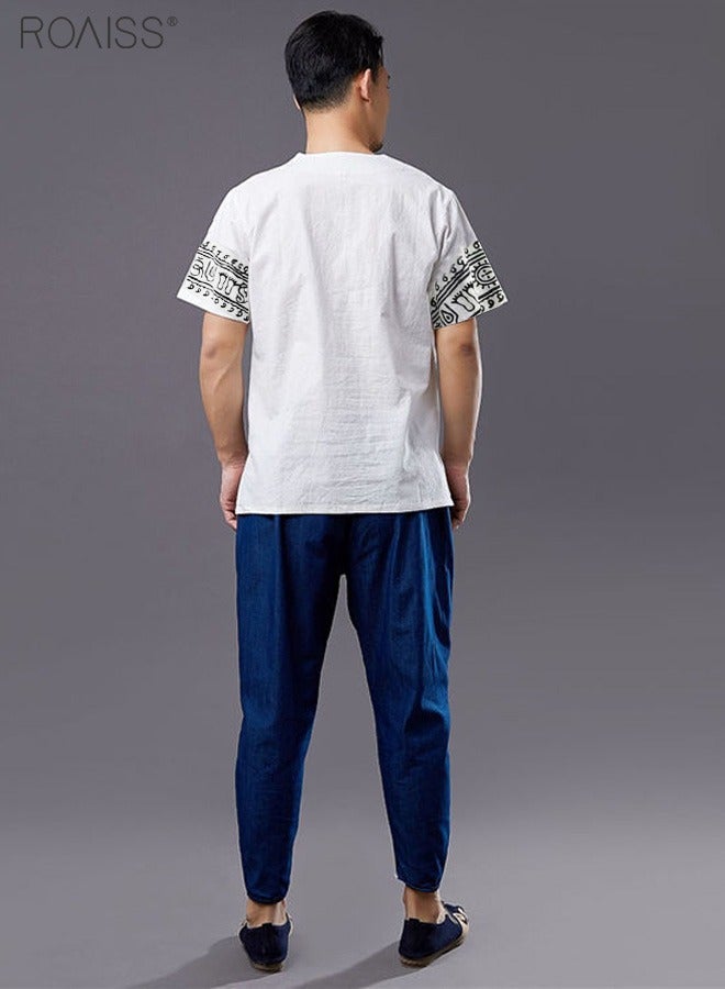 roaiss Summer Men's Vintage T-shirt Ethnic Style Printed Top Street Fashion O-Neck Short Sleeve Leisure Holiday Top Plus Size Clothing - Image 2