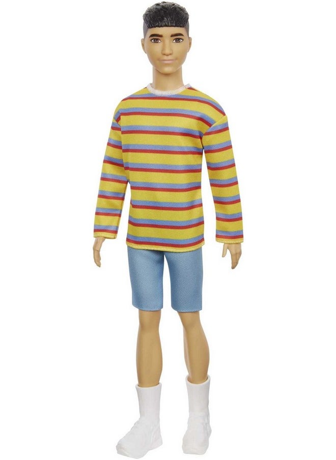 Barbie Ken Fashionistas Doll 175 With Brunette Hair Dressed In Colorful Striped Shirt Denim Shorts And White Boots  - Image 1