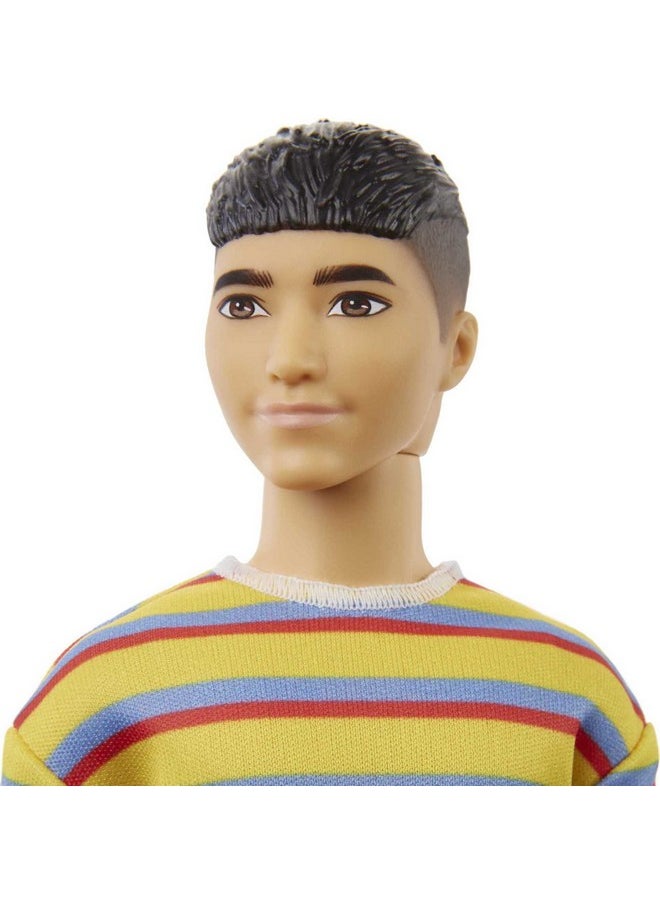 Barbie Ken Fashionistas Doll 175 With Brunette Hair Dressed In Colorful Striped Shirt Denim Shorts And White Boots  - Image 4