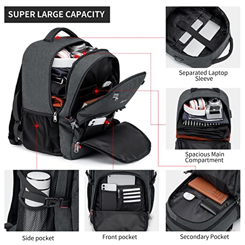 CAFELE Backpack,Waterproof Large 17in Laptop Backpack for Trip School Work Bookbag Computer Rucksack with USB Charging Port,Water Resistant Sturdy Backpack for Men Women,Grey - Image 2