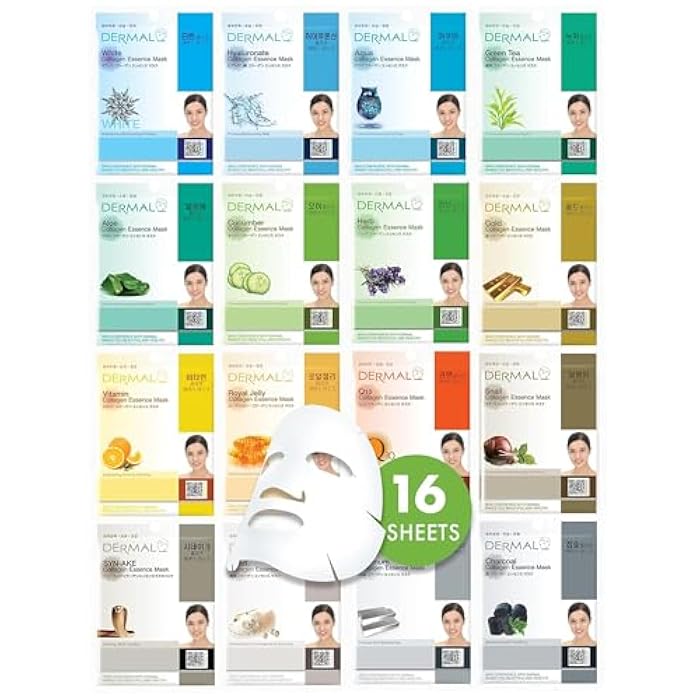 DERMAL قناع الوجه ديرمال مصنوع في كوريا - أكثر من 20 عامًا من الثقة في جمال ك-بيوتي، جودة ممتازة مقابل الأقنعة الصينية العامة، أفضل قيمة لقناع الورقة للعناية بالبشرة اليومية - حزمة مكونة من 16 قناع - Image 1