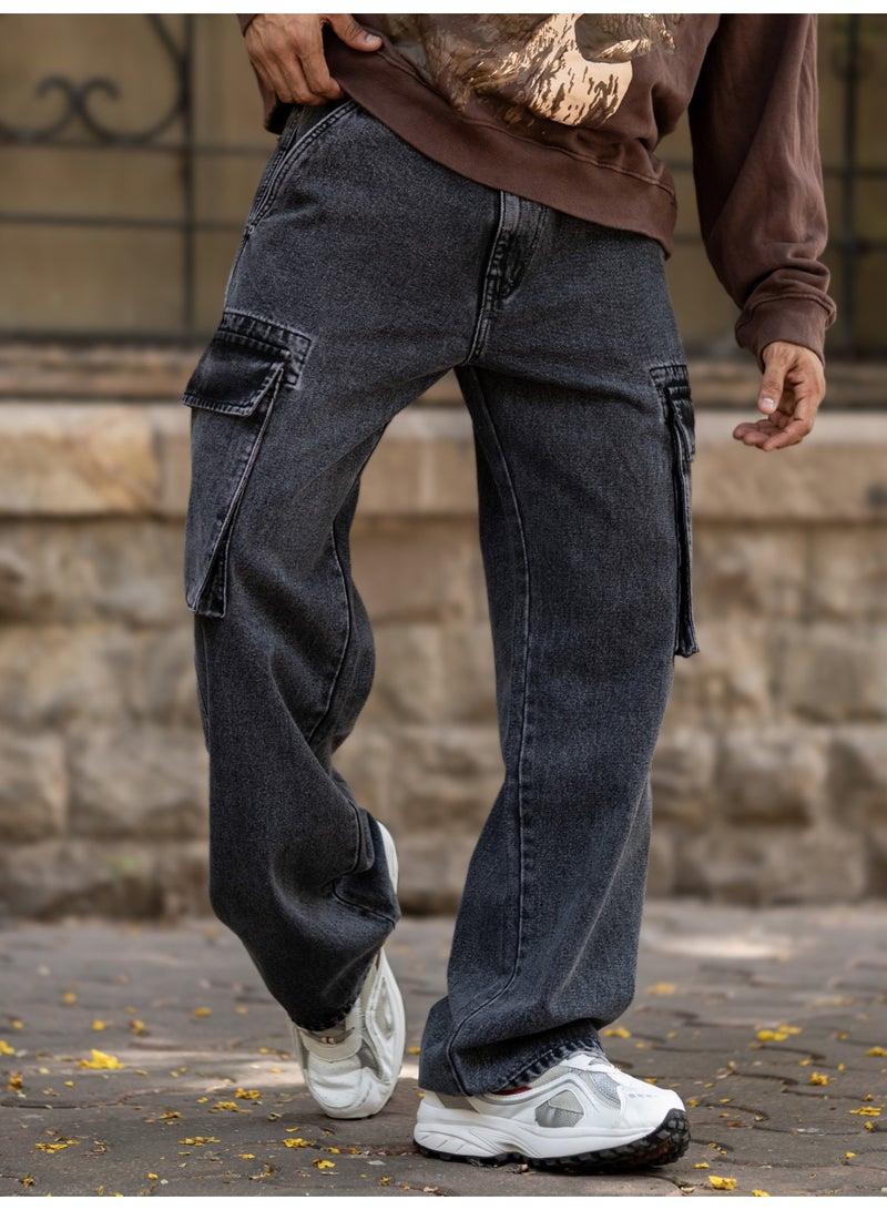 Maniac Mens Solid Baggy Graphite Denim Fabric Cargo Jean - Image 4