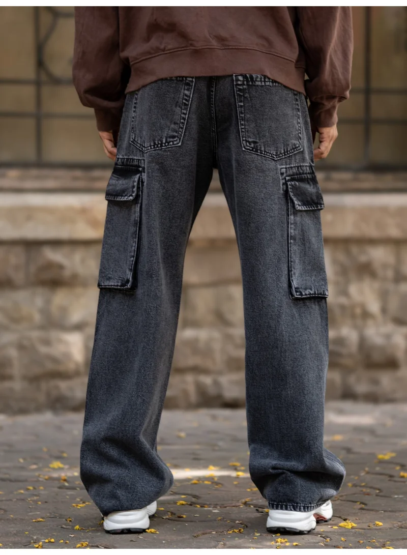 Maniac Maniac Mens Solid Baggy Graphite Denim Fabric Cargo Jean